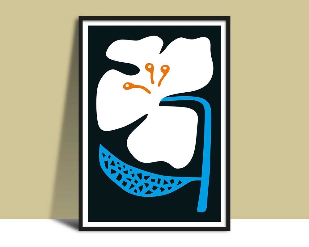 Printable Big White Flower Electric Blue Leaf Black Wall Art Instant Flat