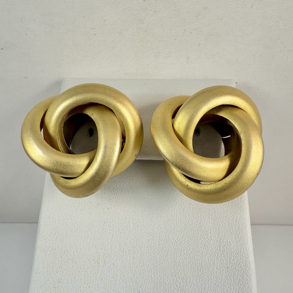 Vintage Chunky Knotted Satin Gold Tone Omega Back Clip on Earrings