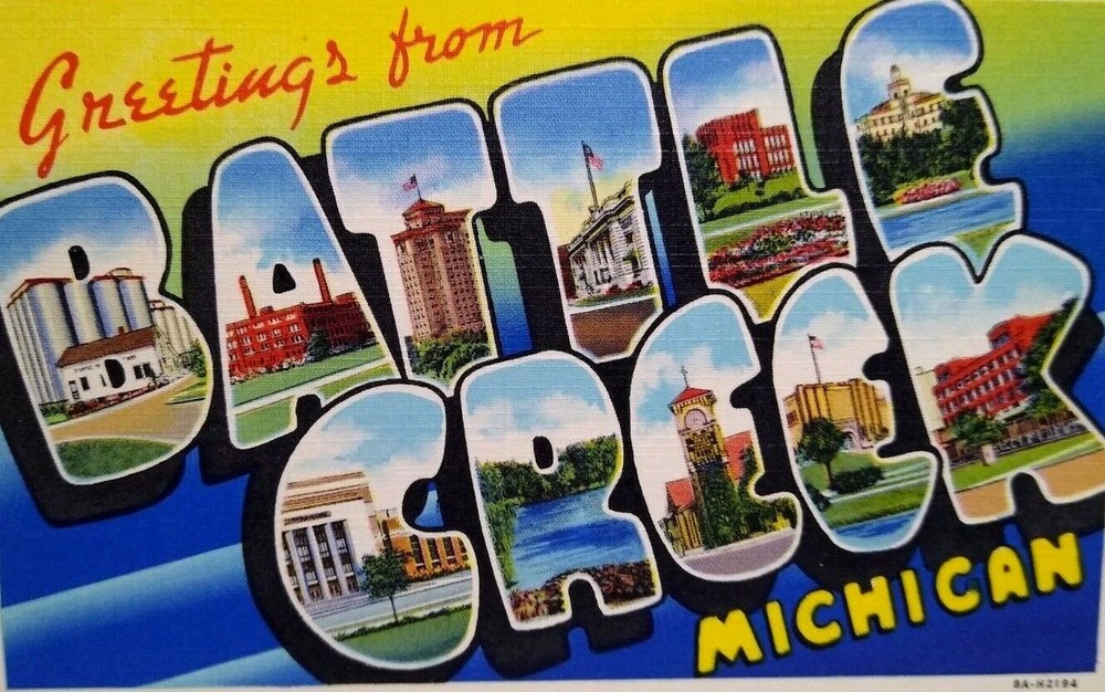 Greetings From Battle Creek Michigan Large Big Letter Postcard Linen Unused