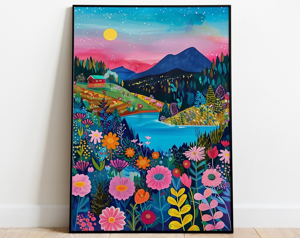 Maximalist Floral Garden Mountain Valley Artwork Colorful Wall Art Art Living