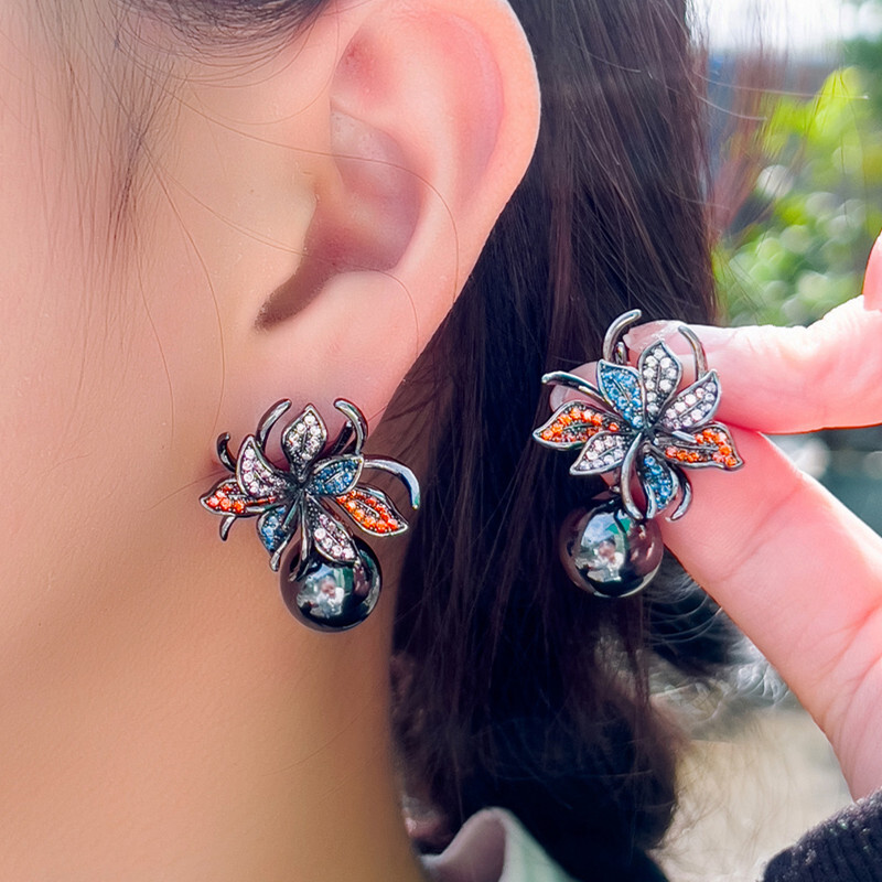 Women Flower Earrings Gray Pearl Dangle Drop Black Gold Plated CZ Zircon Jewelry