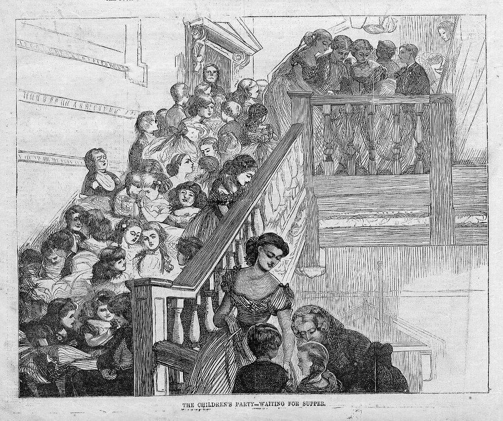CHILDREN'S PARTY, WAITING FOR SUPPER, 1867 ANTIQUE JUVENILE ENGRAVING, CHILDREN