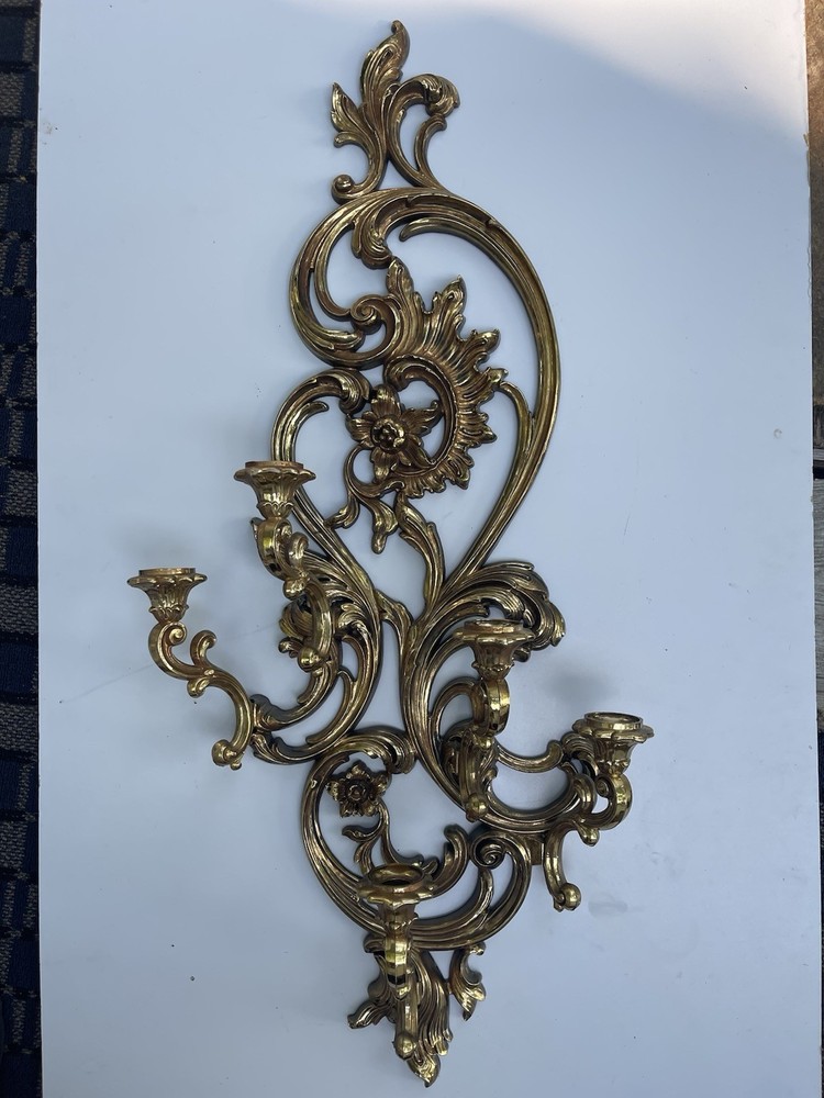 Set Of 2 VTG Dart Gold Floral Ornate Wall Hanging 5 Arm Sconces Candle Holders