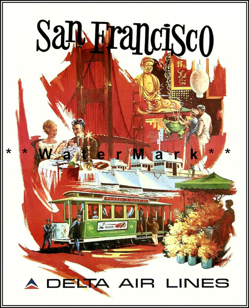 San Francisco 1960 California Vintage Poster Print Airline Art City By The Bay