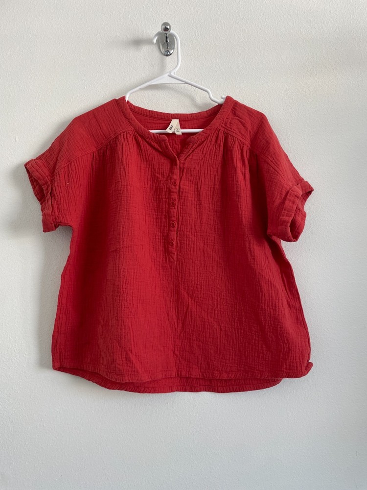 Pact Top Women M Orange Gauze Organic Classic Roll Sleeve Flowy Boho Coastal