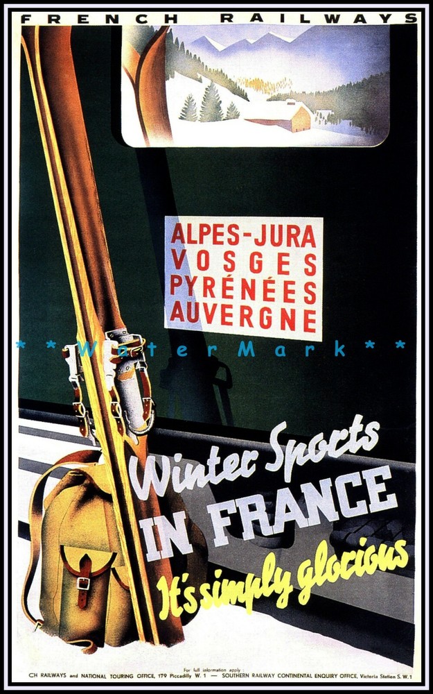 1935 French Winter Sports Vintage Poster Skiing Art Print