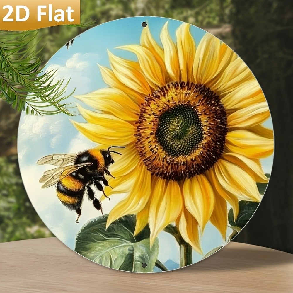 Bright Sunflower Vintage Round Metal Wall Painting for Living Room