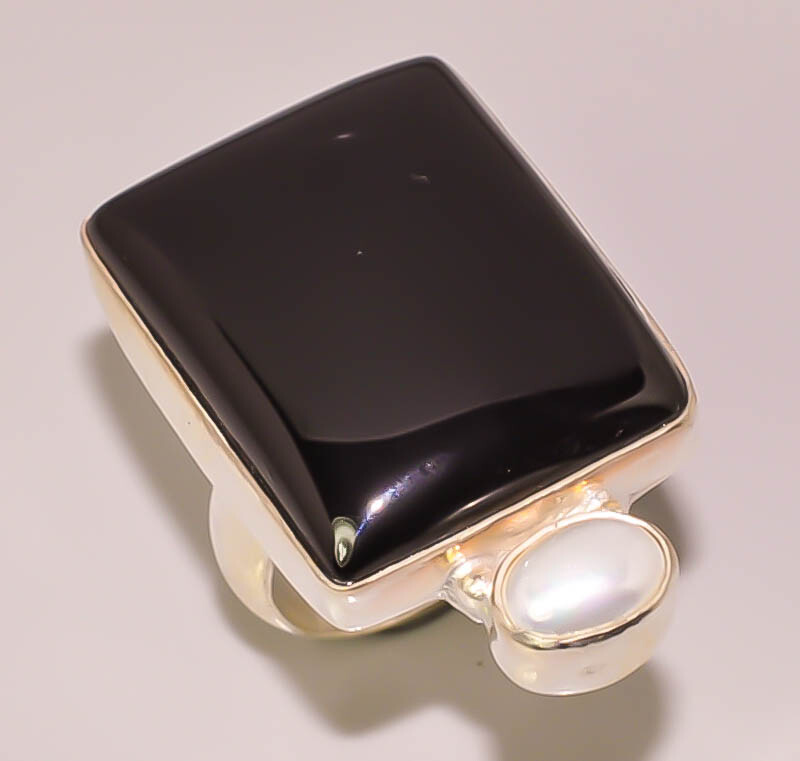 Black Onyx Fresh River Pearl Handmade Jewelry 925 STERLING SILVER PLATED RING 7