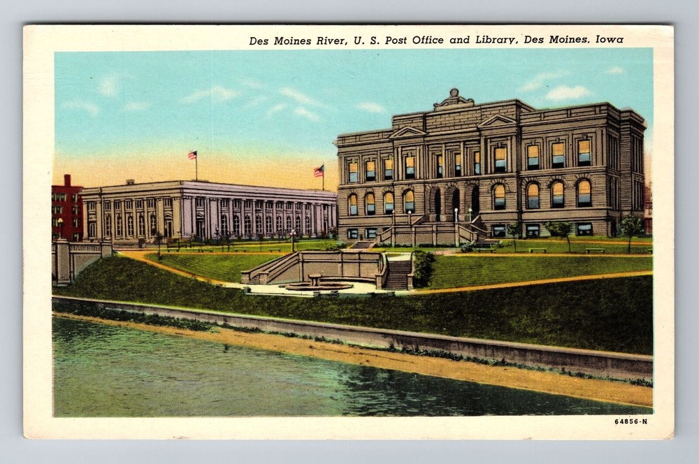 Des Moines IA-Iowa, Des Moines River, Post Office, Antique Vintage Postcard
