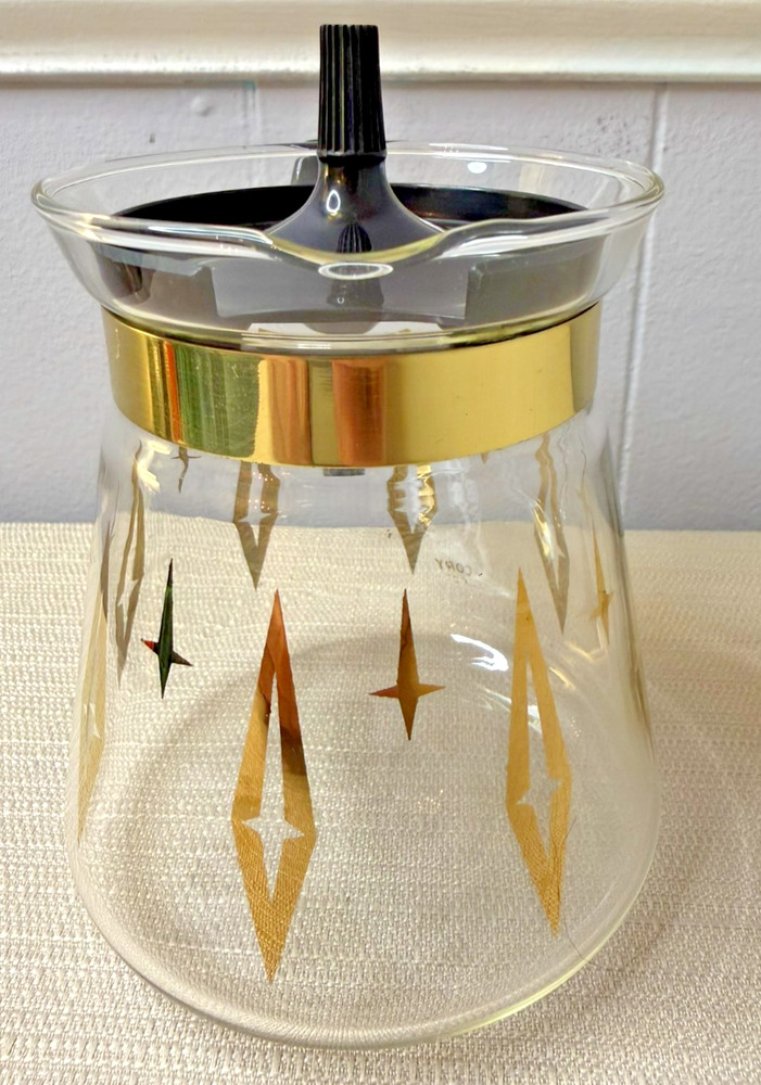 VTG Glass Coffee Carafe Atomic Starburst Gold Mid Century Modern MCM Pot w Lid