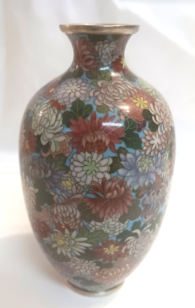 Antique  Japanese Cloisonne Floral Vase on Silver STUNNING !