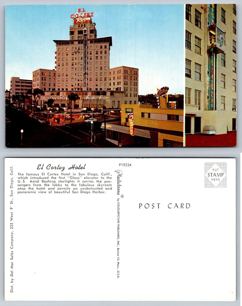 El Cortez Hotel San Diego CA Glass Elevator Plastichrome Postcard Vintage