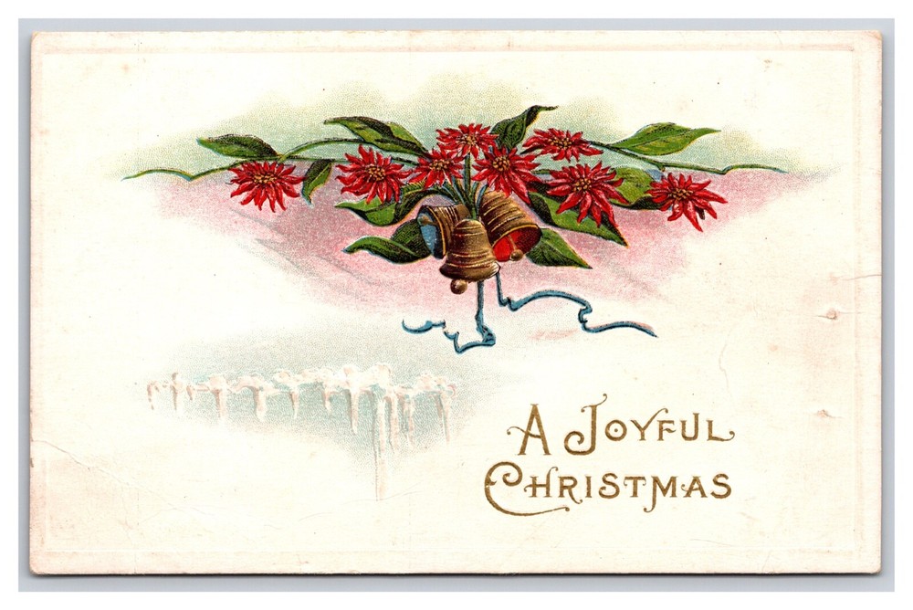 Vintage A Joyful Christmas Bells And Holly Unposted Embossed Postcard