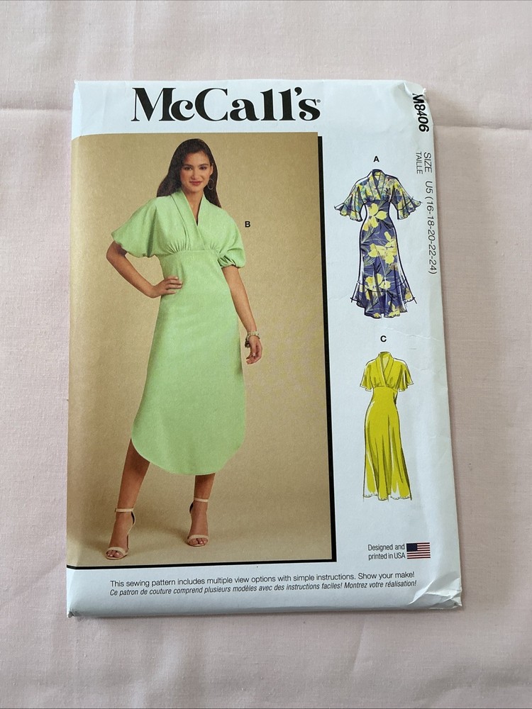 MCCALLS PATTERN 8406  New & Uncut Empire Dress with Sleeve options Size 16-24