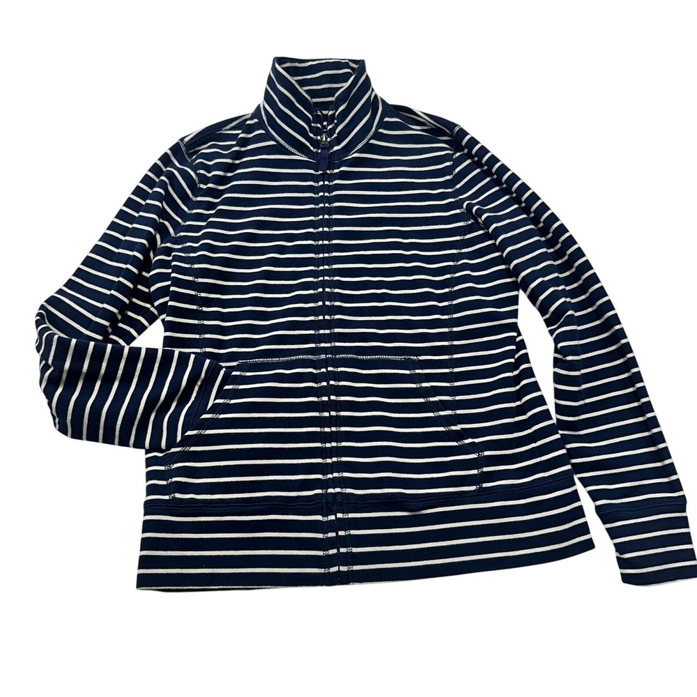 LL Bean Womens XS Petite Navy Blue White Striped Full Zip Sweatshirt Nautical