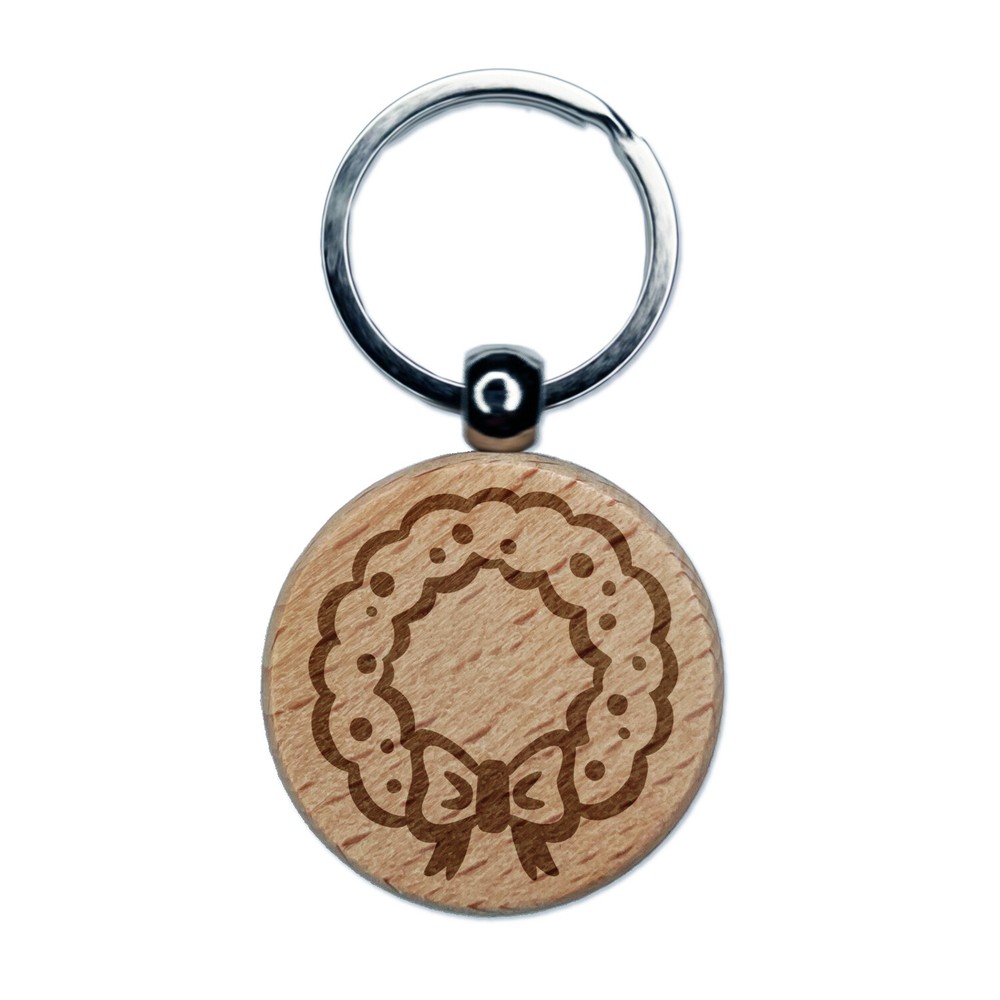 Festive Christmas Wreath Keychain with Engraved Wood Charm and Bow  