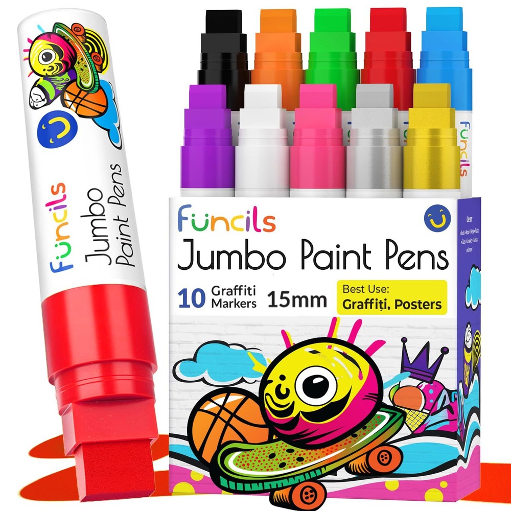 Funcils 10 Jumbo Acrylic Paint Markers - 15mm Acrylic Paint Pens for Canvas, ...