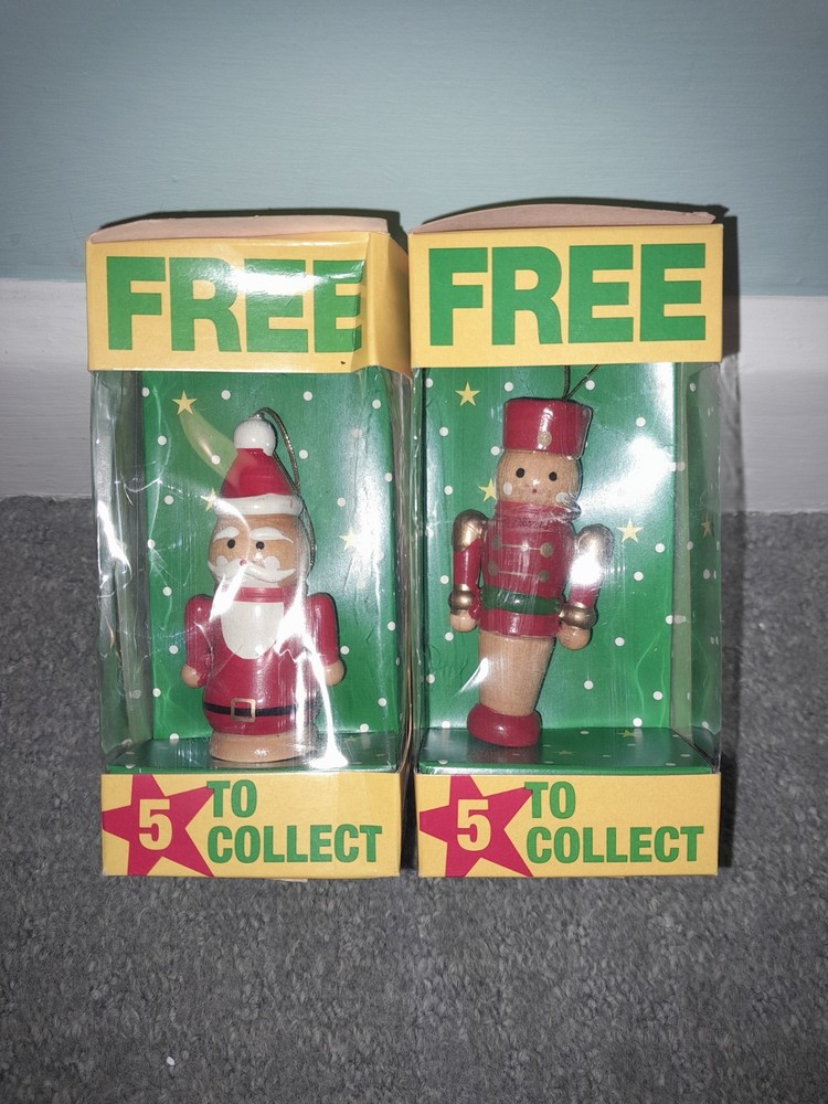 Vintage Christmas Tree Treasures Free Toy By Tetley Tea, Santa and Soldier Boxed