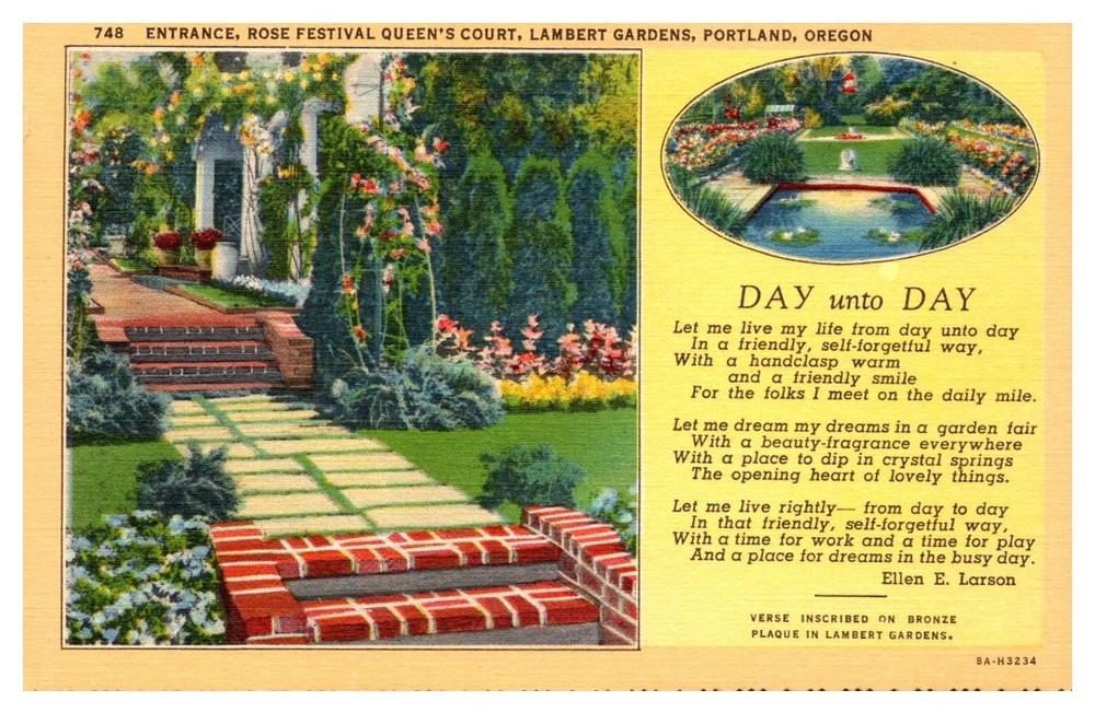 1940s Day Unto Day Poem & Roses Lambert Gardens Portland Oregon Vintage Postcard