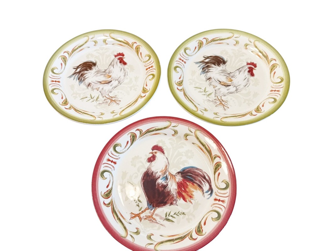 Set of 3 Pier 1 Ironstone Rooster Chicken Dessert Salad Plates Country 8.75”