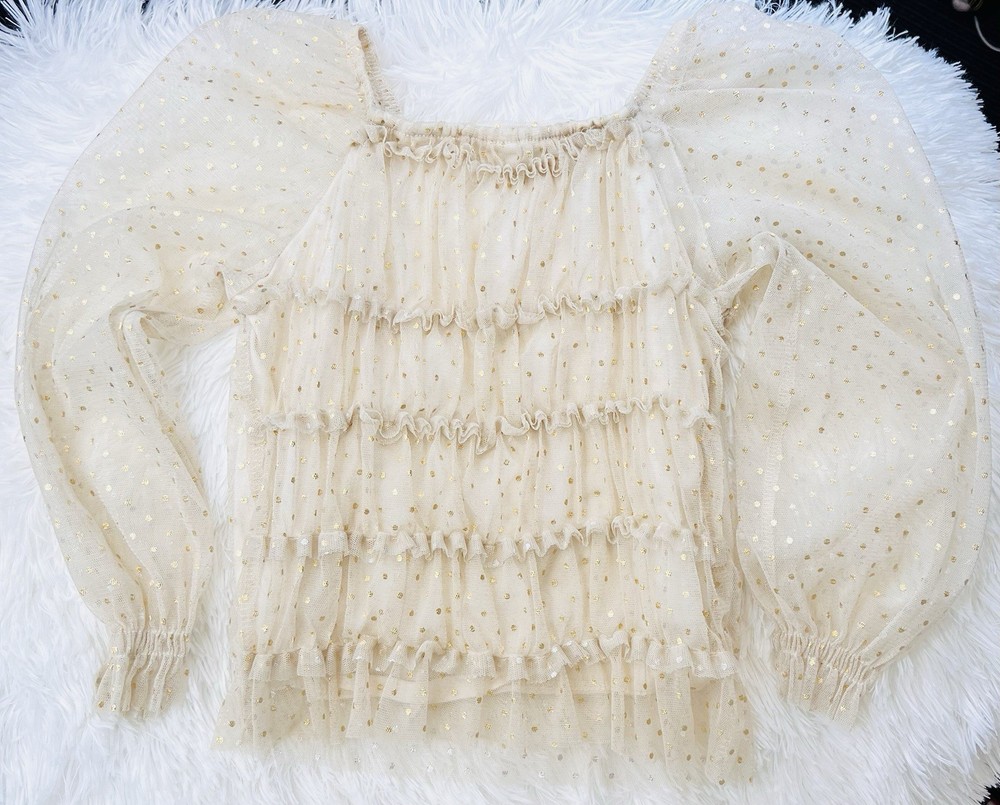 Zara Kids Beige Tulle Blouse Top Golden Polka Dots Long Sleeve Girls Size 6/7
