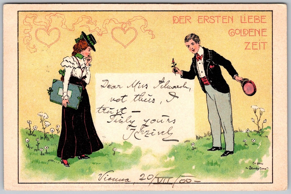 Antique Postcard Der Ersten Liebe Illustration Vienna, Austria 1900s