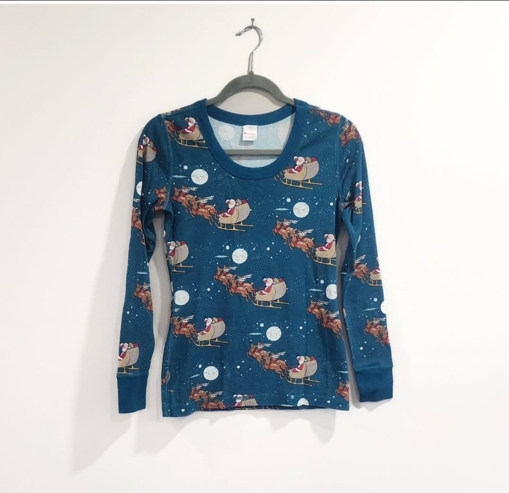 Hanna Andersson turquoise Christmas santa sleigh pajamas womens size Small