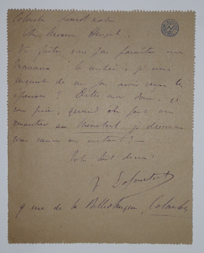 DOLMETSCH VICTOR - AUTOGRAPH LETTER CARD SIGNED TO HEUGEL, PARIS 1890