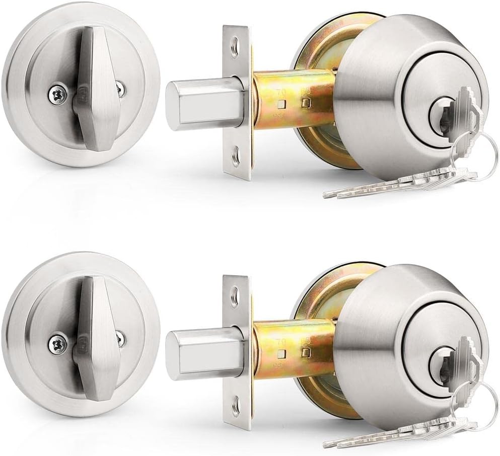 2 Pack Brushed Nickel Keyed Alike Single Cylinder Deadbolts Combo