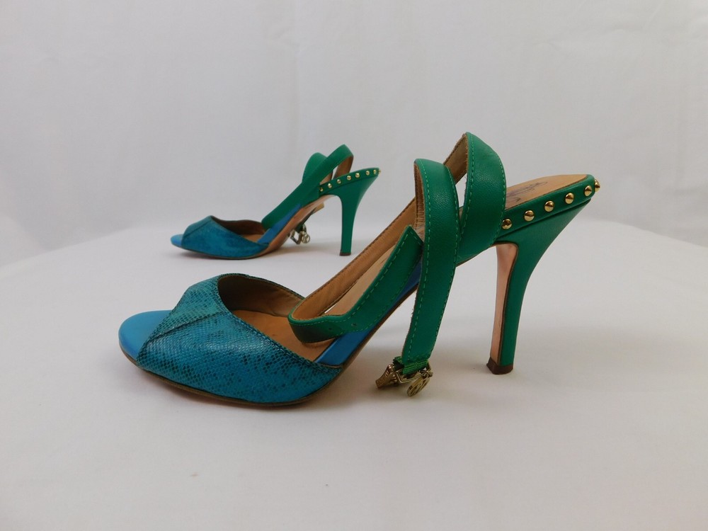 LINEA ROSA Size 36 5 AU US Blue Green Leather Peep Toe High Heels