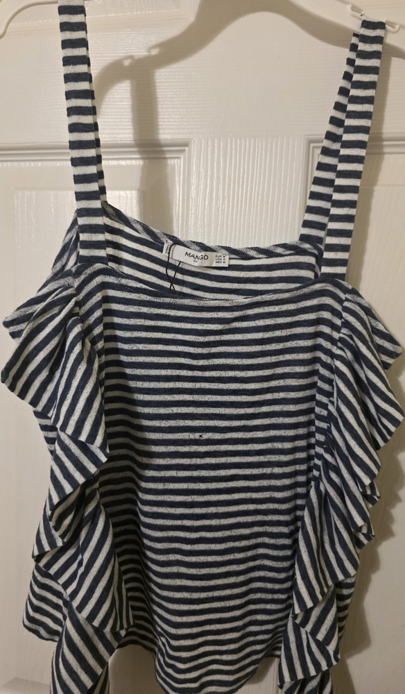 MANGO Women’s Blue White Striped Ruffle Square Neck Strap Cami Tank Size S