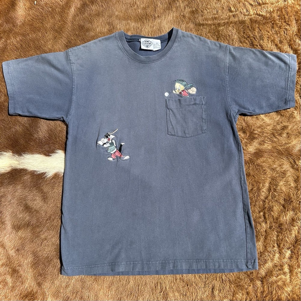 Vintage 90s ACME Looney Tunes Pocket T Shirt M Baseball Tweety Sylvester Cartoon