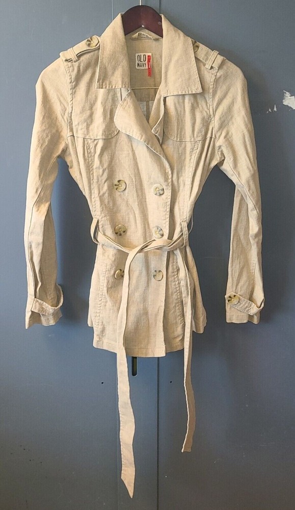 Old Navy Women's XS Jacket Khaki Linen Cotton Cinch Waist Safari Double Breasted