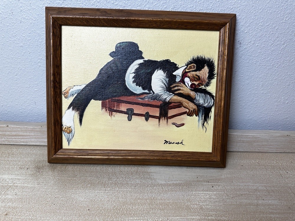 Vintage ORIGINAL CLOWN CANVAS OIL PAINTING BY Artist MARSH - SIGNED