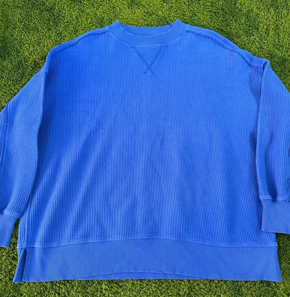 Aerie Oversized Blue Ribbed Sweatshirt Size Small Soft Comfy 100% COTTON