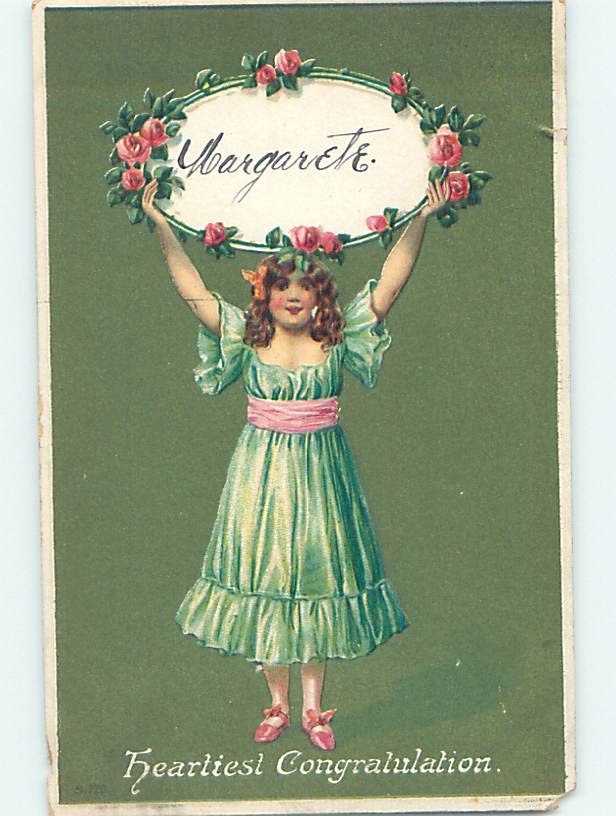 Pre-Linen GIRL IN GREEN DRESS HOLDS UP RING OF PINK ROSE FLOWERS HL5414