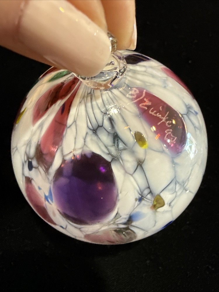 Vtg Hand Blown Art Glass Gazing Orb Sun Catcher Ornament Clear Multicolor Signed