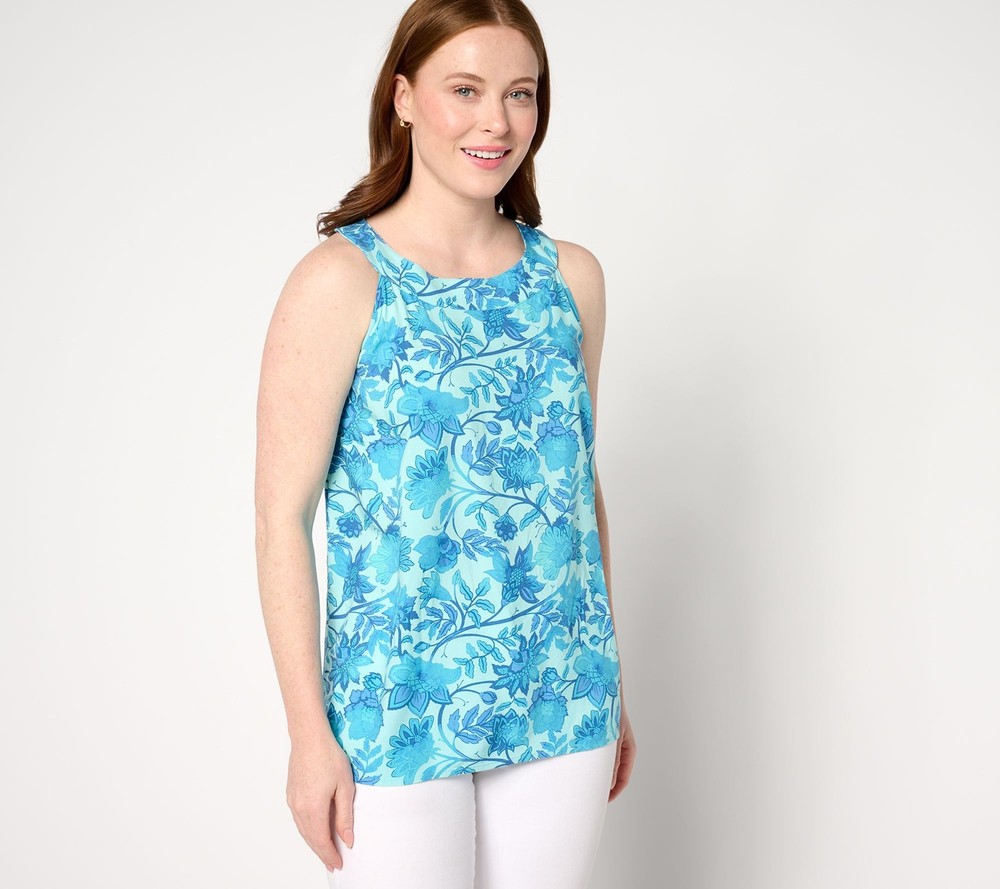 Maya J Women's Top Sz L Denim & Co. Printed Sleeveless Swing Tank Blue A647319