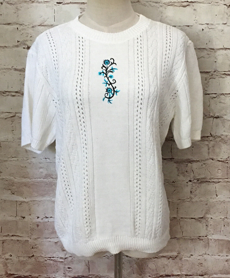 Vintage Bobbie Brooks Short Sleeve Pointelle Knit Granny Sweater Ivory Small USA