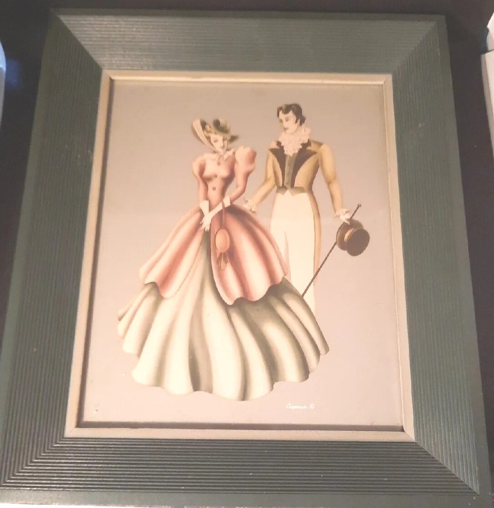 Vintage Art Deco by Turner 1940s Framed Wall Art Lady and Gentleman Signed