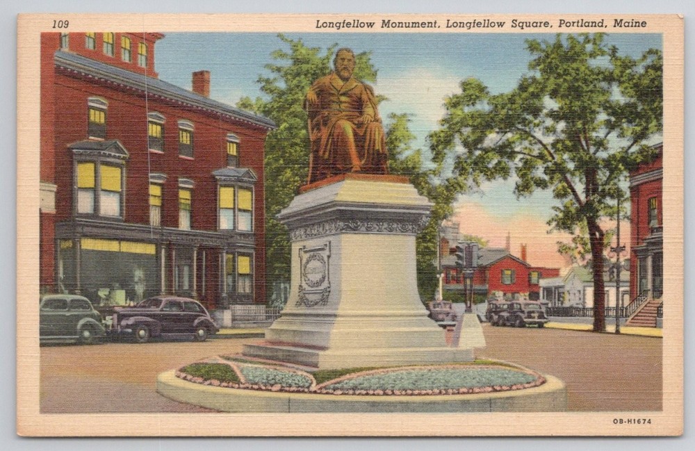Longfellow Monument Portland Maine Longfellow Square C.T. Art-Colortone Postcard