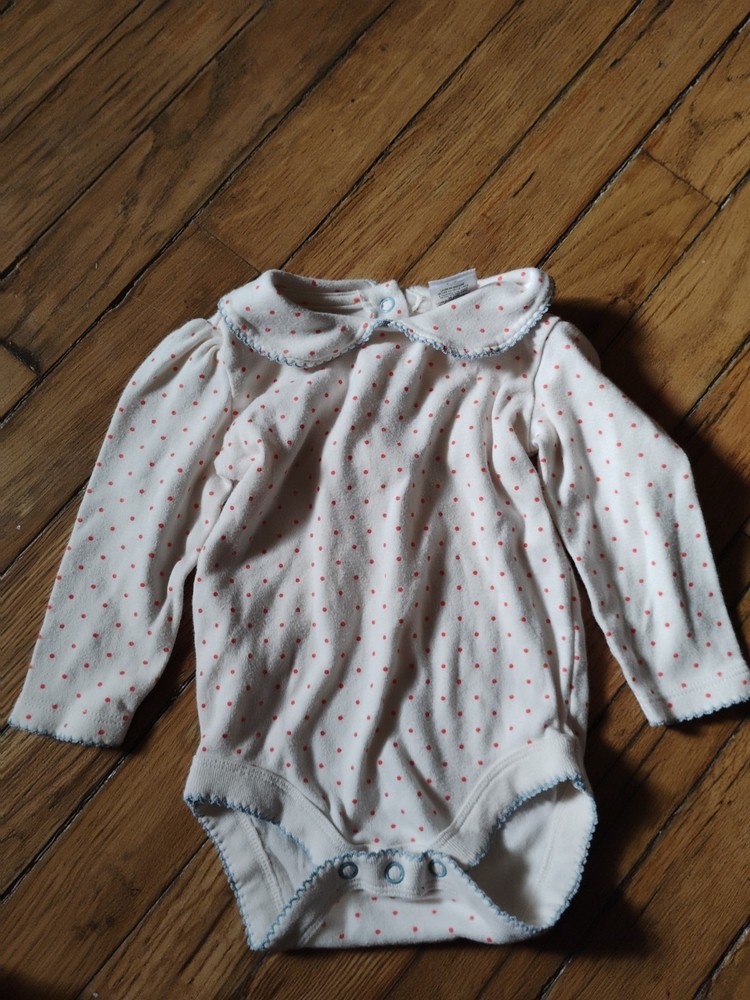 Baby Boden Girls Ivory Red Polka Dot Peter Pan Collar Bodysuit Long Sleeve 6-12M