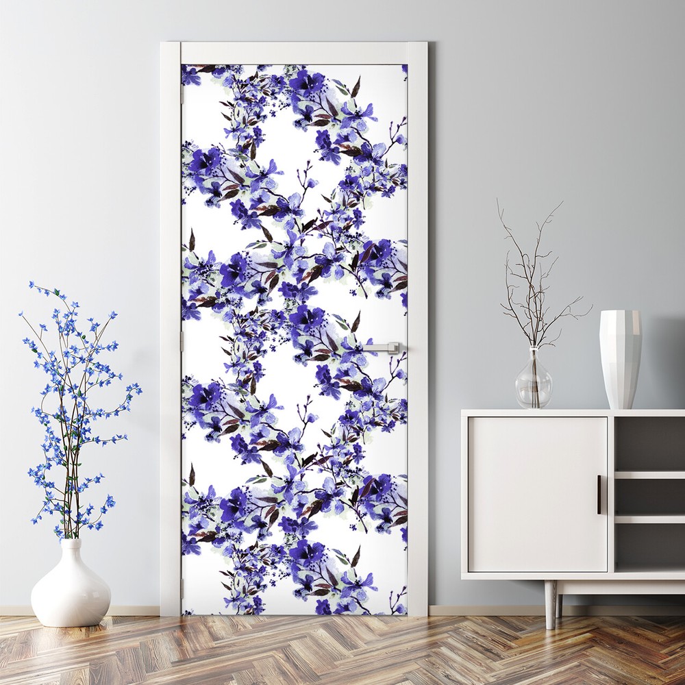 Bubble Free Door sticker Blue Watercolour flowers Floral Subtle pattern