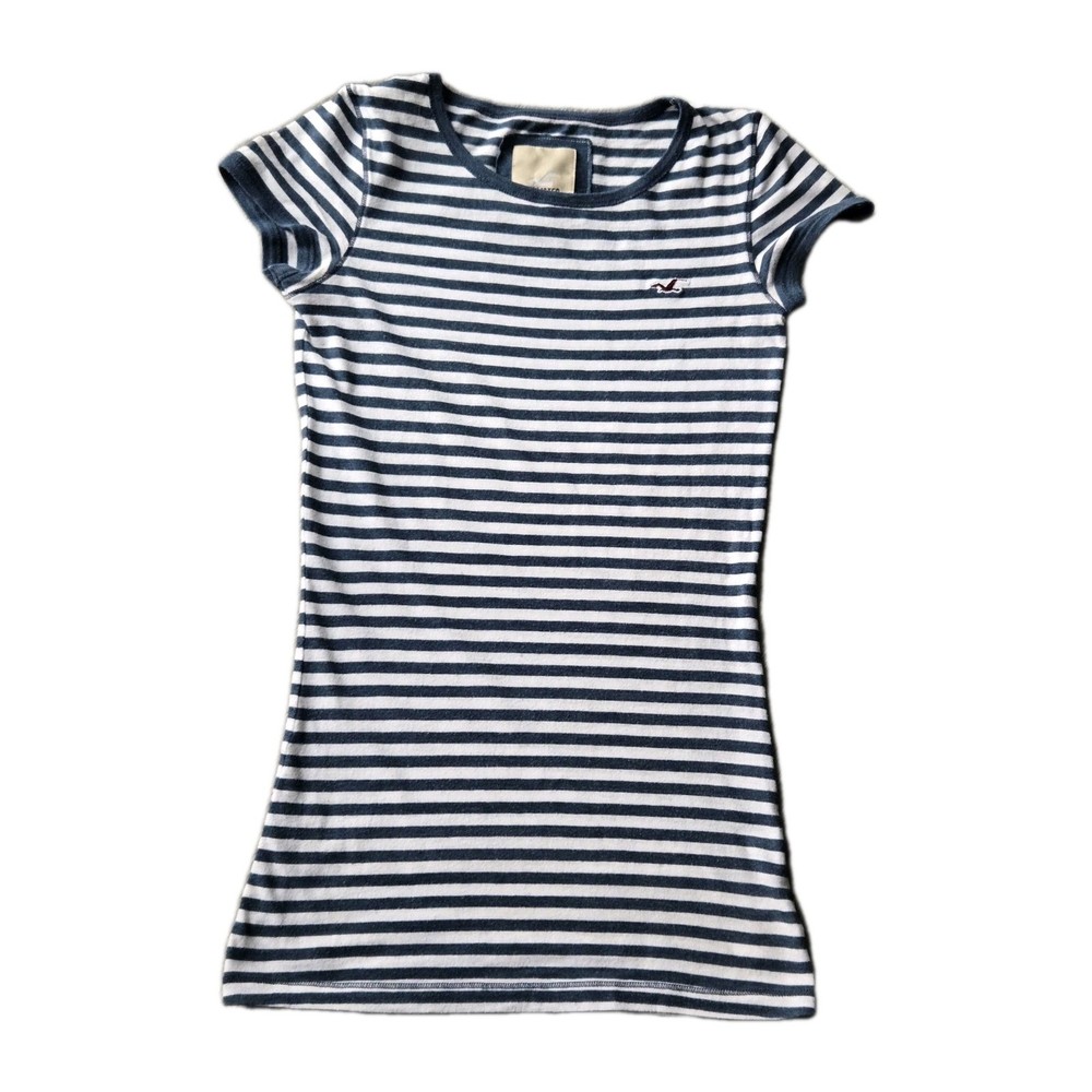Vintage Y2K Hollister Navy/White Skinny Strip Long Slim T Shirt Size M
