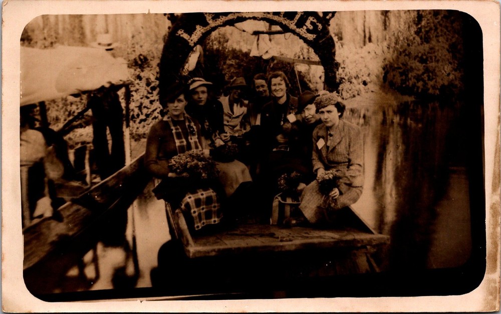 Mexico City MX  Xochimilco Canal Trajinera Boat Named People RPPC Postcard 35669
