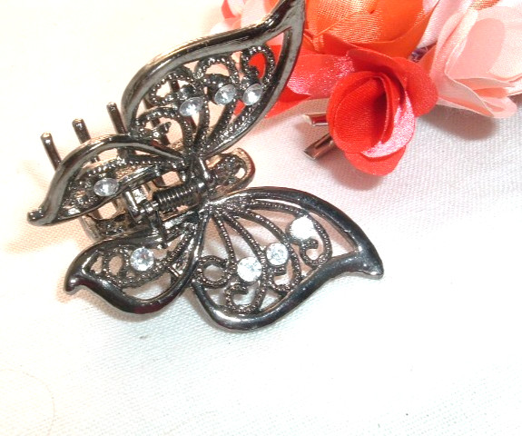 Vintage White Rhinestone Oxidized Silver Butterfly Hair Claw Clip