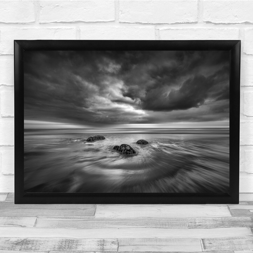 Landscape Sea Rocks Sky Black & White Wall Art Print