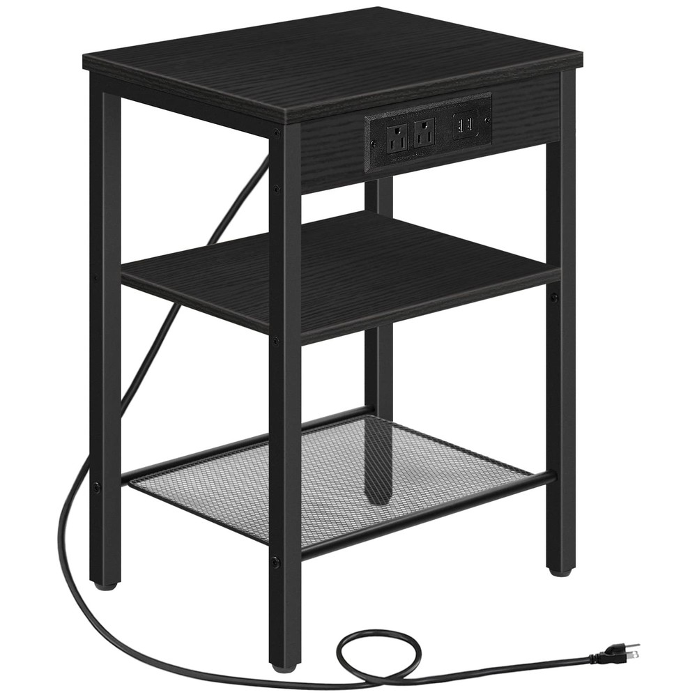 End Table with Charging Station and USB Ports, 3-Tier Nightstand with Adjusta...