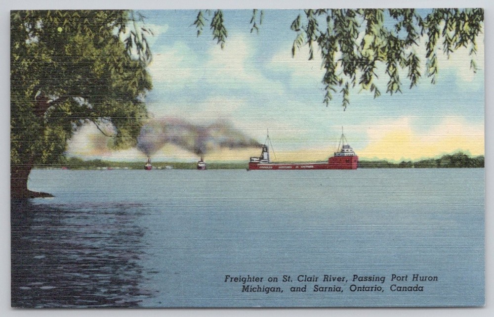 Freighter St. Clair River Port Huron Michigan Sarnia Ontario Linen Postcard