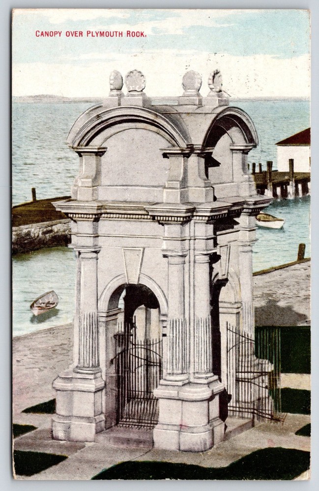 Massachusetts~Plymouth Rock Canopy Shelter~Iron Gates~Boats~Dock~c1910 Postcard